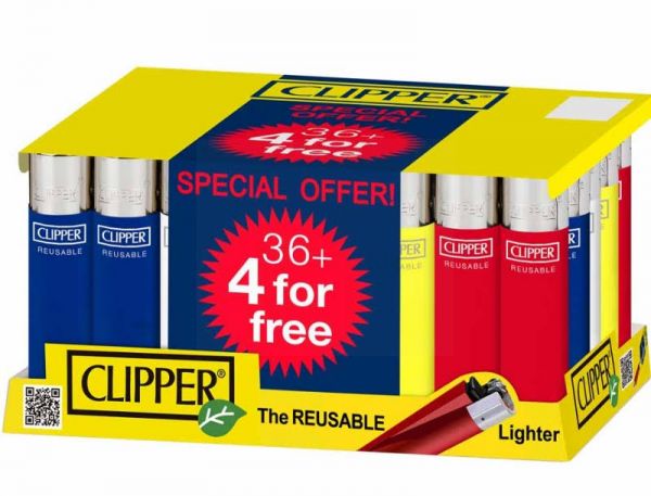 Clipper Large Reusable Lighters - Original Shape - Assorted Colours - Pack of 40