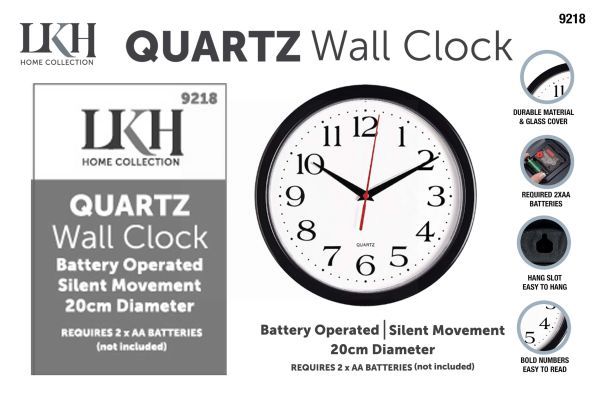 LKH Quartz Wall Clock - Black - 20cm