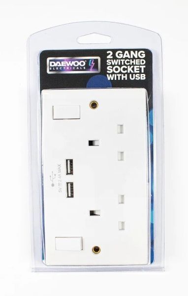 Daewoo 2 Gang Switched Socket With Twin Usb Port - White