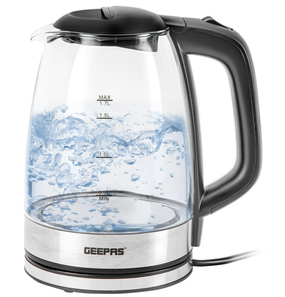 Geepas Rapid Boil Glass Electric Kettle With LED - Black - 1.7L