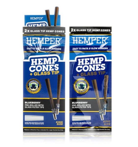 HEMPER - KING SIZE HEMP CONES + GLASS TIP - BLUEBERRY - PACK OF 2