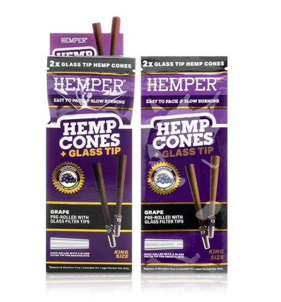 HEMPER - KING SIZE HEMP CONES + GLASS TIP - GRAPE - PACK OF 2