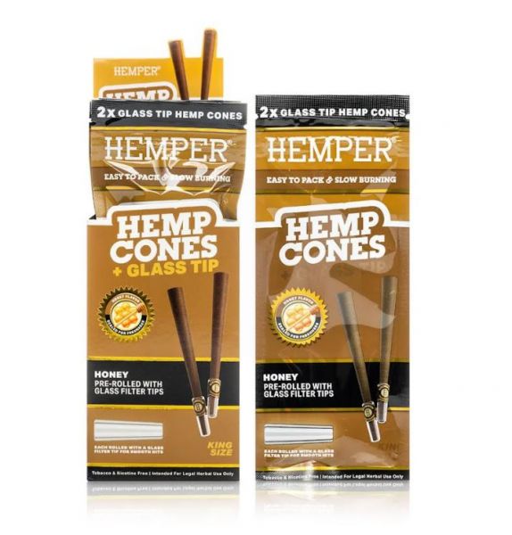 HEMPER - KING SIZE HEMP CONES + GLASS TIP - HONEY - PACK OF 2