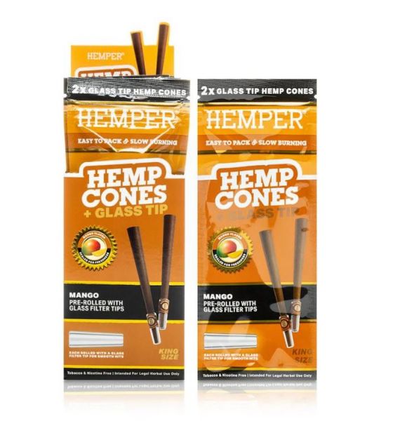 HEMPER - KING SIZE HEMP CONES + GLASS TIP - MANGO - PACK OF 2