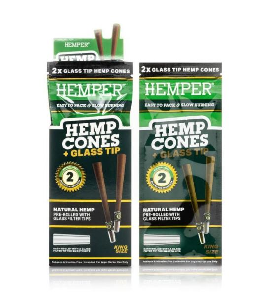 HEMPER - KING SIZE HEMP CONES + GLASS TIP - NATURAL HEMP - PACK OF 2