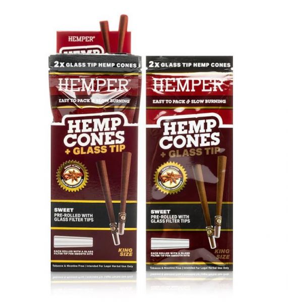 HEMPER - KING SIZE HEMP CONES + GLASS TIP - SWEET - PACK OF 2