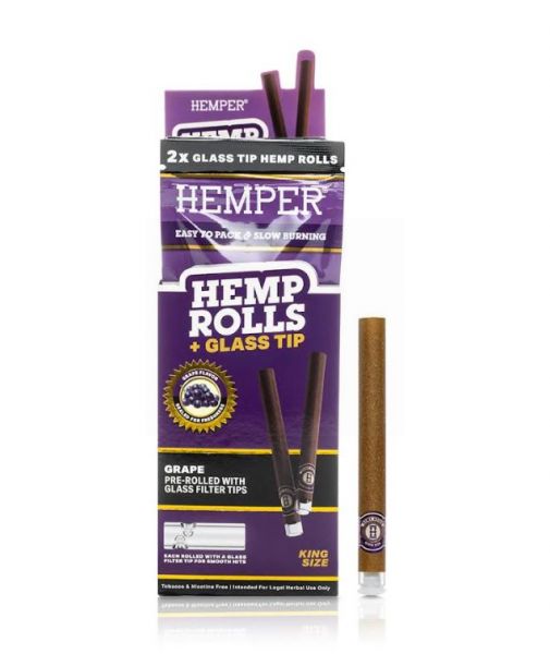 HEMPER - KING SIZE HEMP ROLLS + GLASS TIP - GRAPE - PACK OF 2