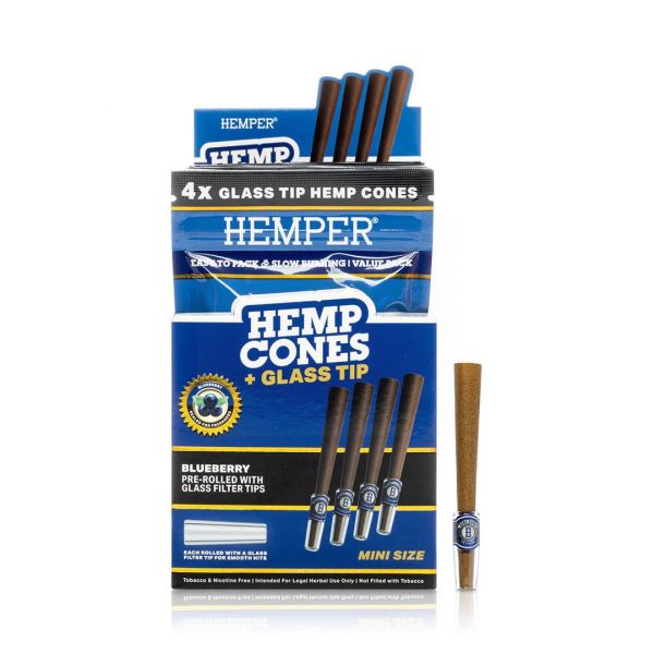 HEMPER - MINI SIZE HEMP CONES + GLASS TIP - BLUEBERRY - PACK OF 4