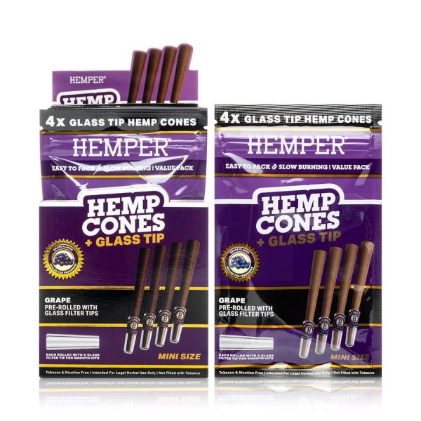 HEMPER - MINI SIZE HEMP CONES + GLASS TIP - GRAPE - PACK OF 4