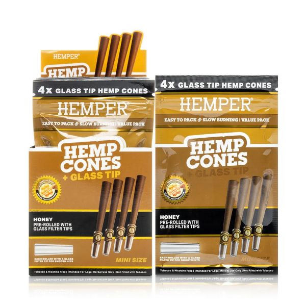 HEMPER - MINI SIZE HEMP CONES + GLASS TIP - HONEY - PACK OF 4