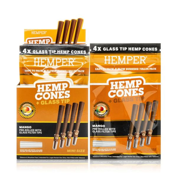 HEMPER - MINI SIZE HEMP CONES + GLASS TIP - MANGO - PACK OF 4