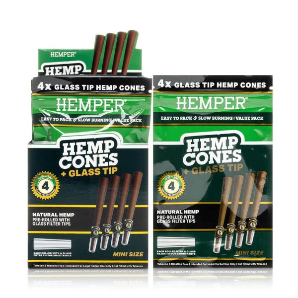 HEMPER - MINI SIZE HEMP CONES + GLASS TIP - NATURAL HEMP - PACK OF 4