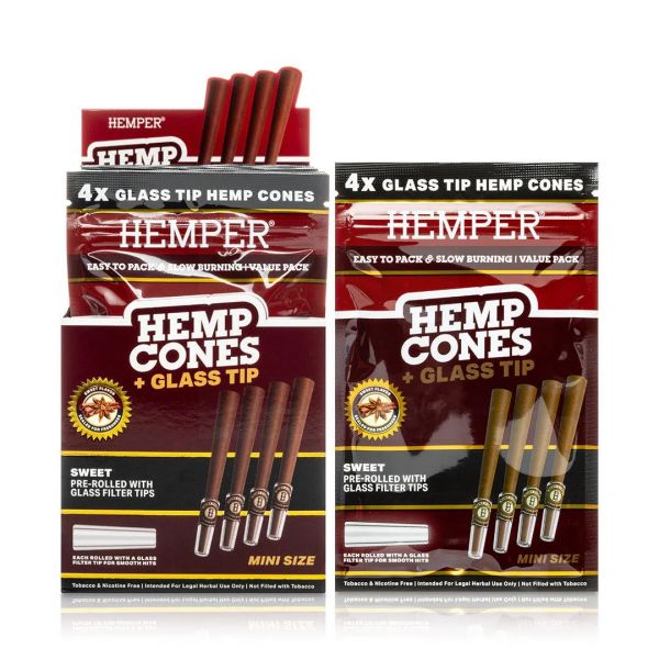 HEMPER - MINI SIZE HEMP CONES + GLASS TIP - SWEET - PACK OF 4