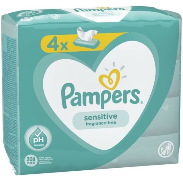 Pampers Sensitive Baby Wipes - Fragrance Free - Pack of 4 x 52 - Exp: 11/22