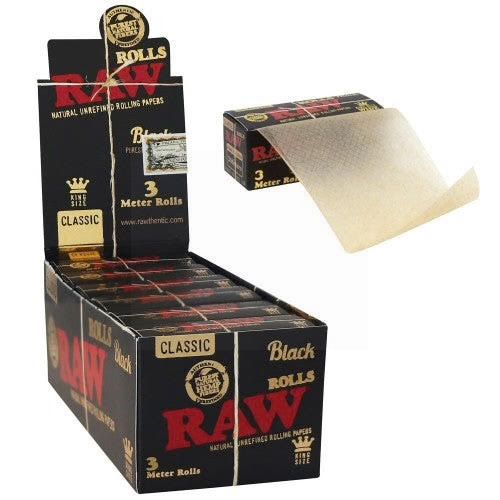 Raw King Size Natural Unrefined Rolling Papers - Classic - Black - 3m Rolls - Box Of 12