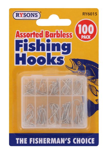 RYSONS BARBLESS FISHING HOOKS ASSORTED 100 PACK 